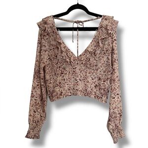 Open Edit | Open Back Ruffle V Neck Crop Top in Ivory Multi Flower Fields Print